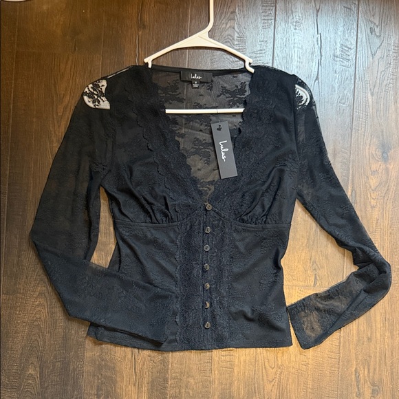 Lulus Tops - Lulu's Black Lace-Trim Button Front Blouse